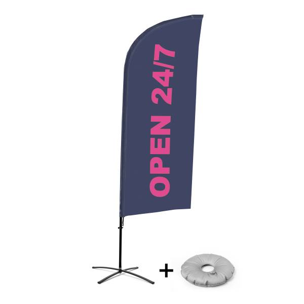 Beach Flag Alu Wind Complete Set Open 24/7 English Cross Base